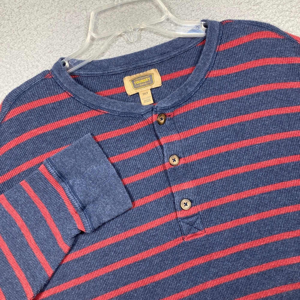Foundry Thermal Waffle Henley Shirt Big Mens 2XLT Blue Red Stripe Long Sleeve‎